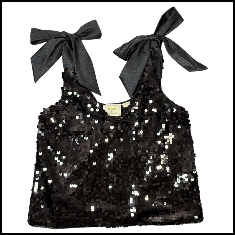 Maeve Anthropologie Womens S Black Sequin Tie Strap Bow Tank Top Party Mobwife